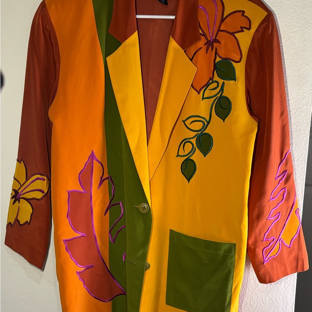 Vibrant Floral Colorblock Women's Blazer Jacket - Yellow & Orange